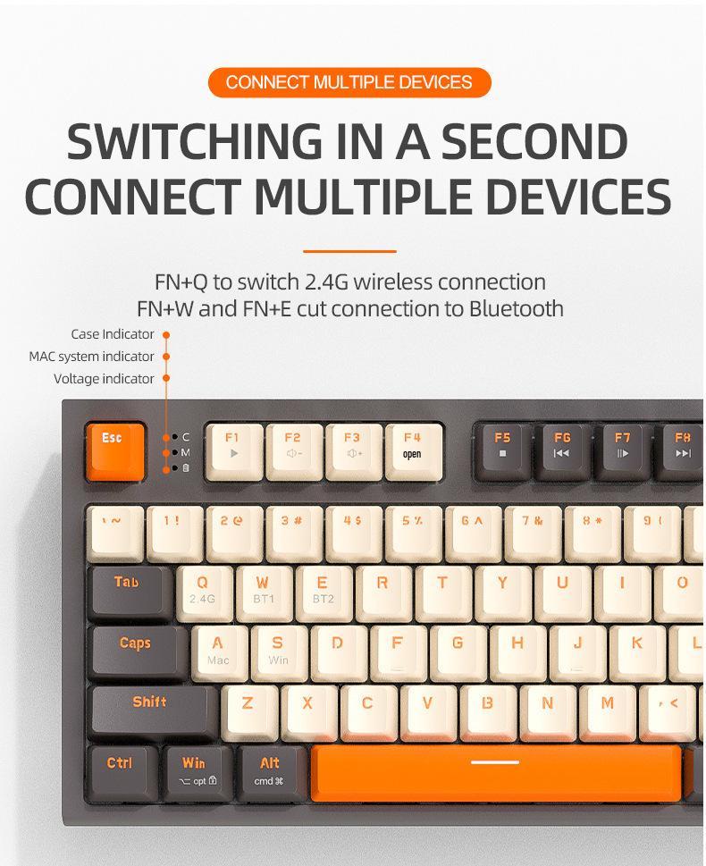Free Wolf M88 Wireless Mechanical Keyboard with Dual-Mode Bluetooth, PBT Keycaps for Gaming and Office Use.