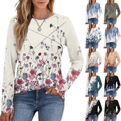 Fashion Women's Long Sleeve Round Neck Casual  Pleated Floral Print Loose Top