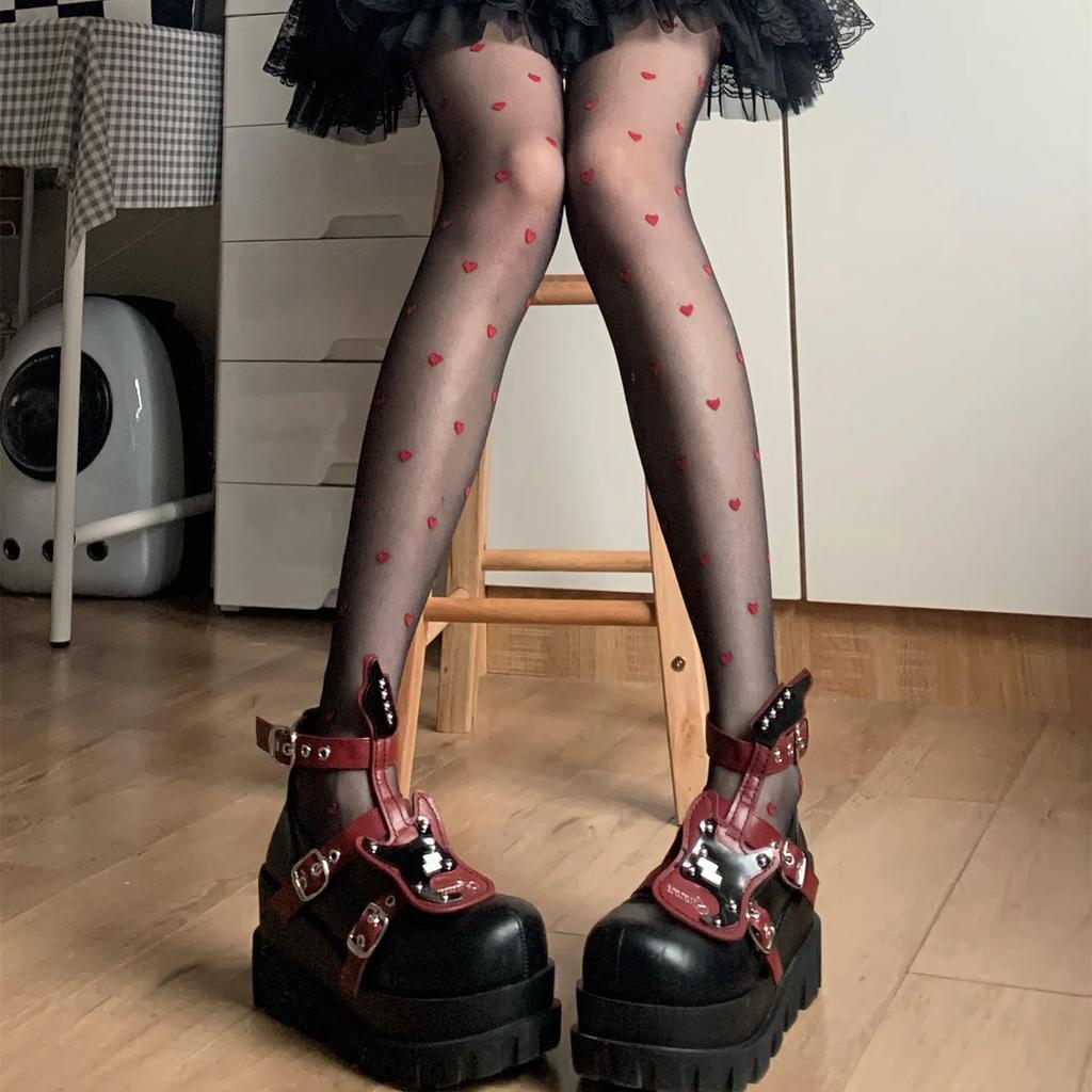 Sheer Kawaii Hosiery Ultra Thin Medias New Jk Lolita Girl Thigh High Pantyhose Red Heart Print Women Tights Nylon Body Stockings