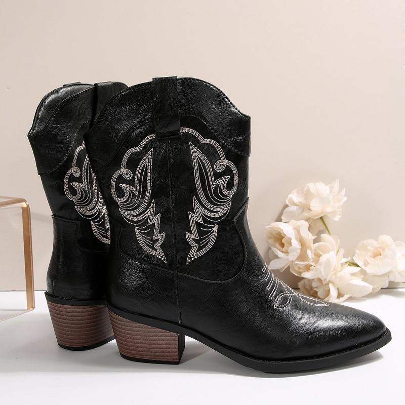 PU Embroidered Boots Women Pointed Toe Square Heel Autumn Winter Ankle Boots Leather Handmade Mid-Calf Western Boots 36-43