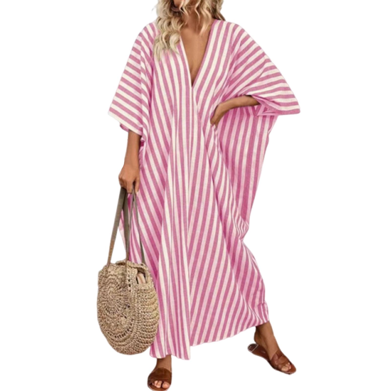 

Women s Fashionable Loose Casual V-neck Striped Long Resort Dress L рожевий