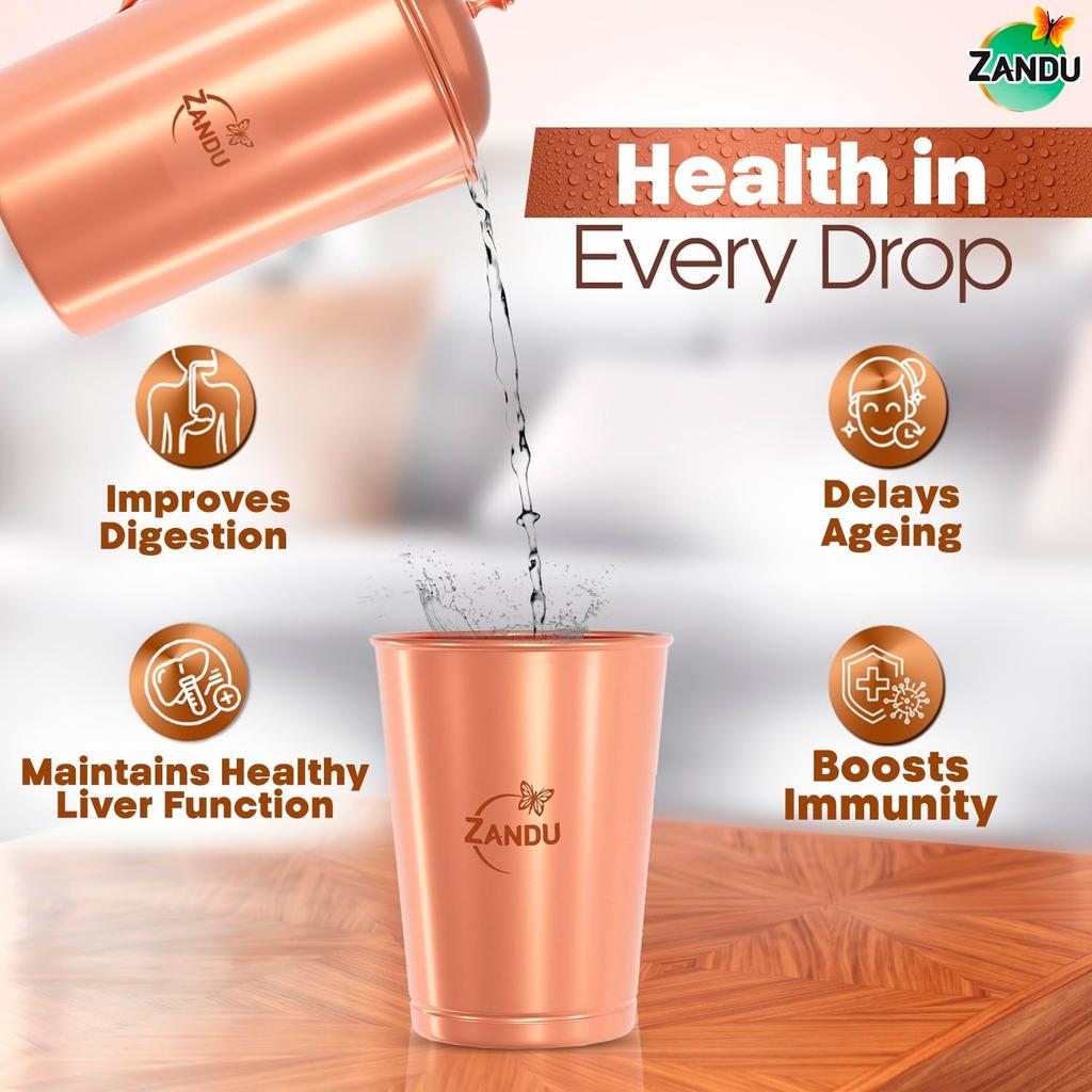 Zandu Pure Copper Water Tumbler Set 2 x 300 ml Eco Friendly BPA Free Reusable Drinking Cups For Home Kitchen Use