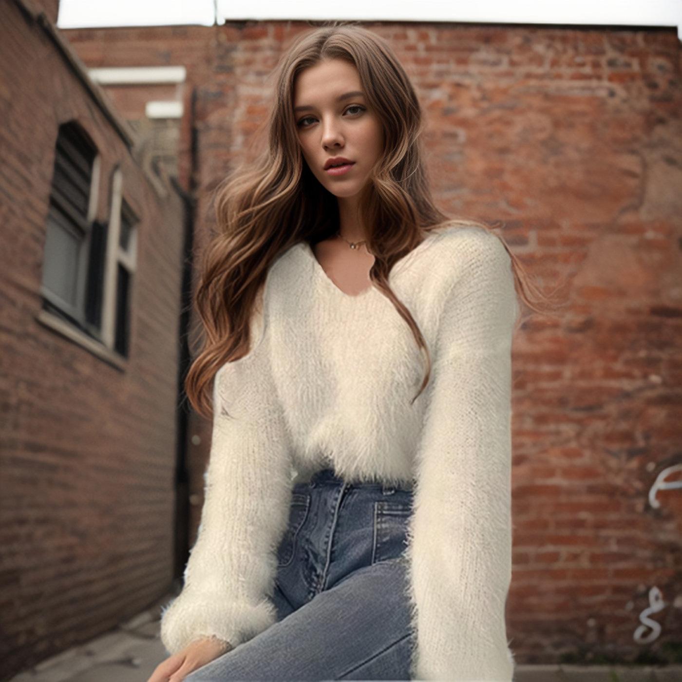 

V-neck Solid Color Women s Knit Pullover - Imitation Mink Velvet, Loose Fit for Autumn & Winter L белый