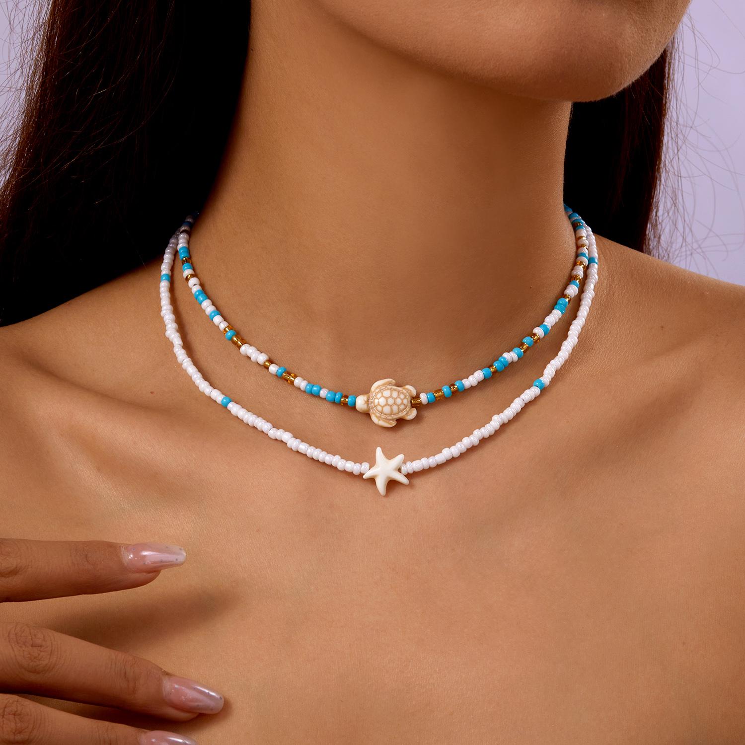 

Bohemian Double Beaded Starfish Turtle Pendant Necklace for Women Colorful Seed Bead Clavicle Chain Choker Beach Party Jewelry