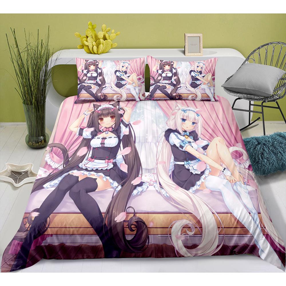 Cute Anime Cat Maid Pattern NEKOPARA 3pcs Bedding Set Game Printing Duvet Cover and Pillowcase Bedroom Decorate for Otaku Teens