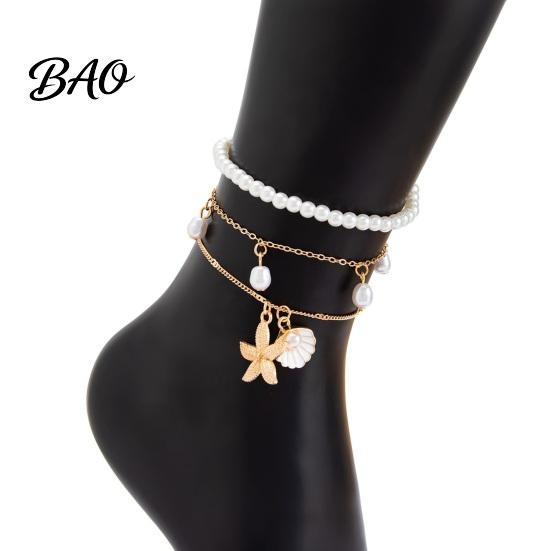 Imitation Pearl Anklet Beach for Women, Starfish Shell Fish Tail Pendant Boho Water-friendly Bracelet, Layered Faux Foot Chain Summer Vacation