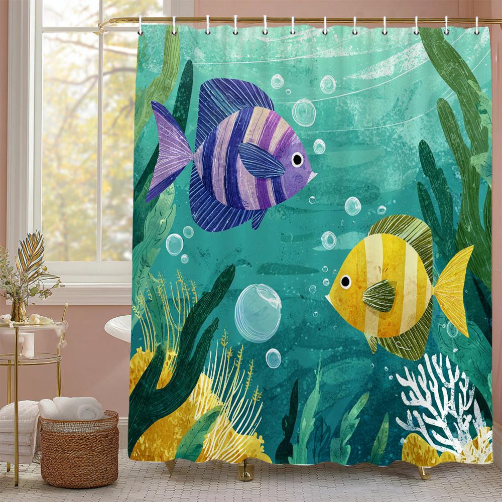 Underwater World Ocean Dolphin Sea Turtle Shower Curtain, Bathroom Decorative Shower Curtain, printing Shower Curtain with Hooks