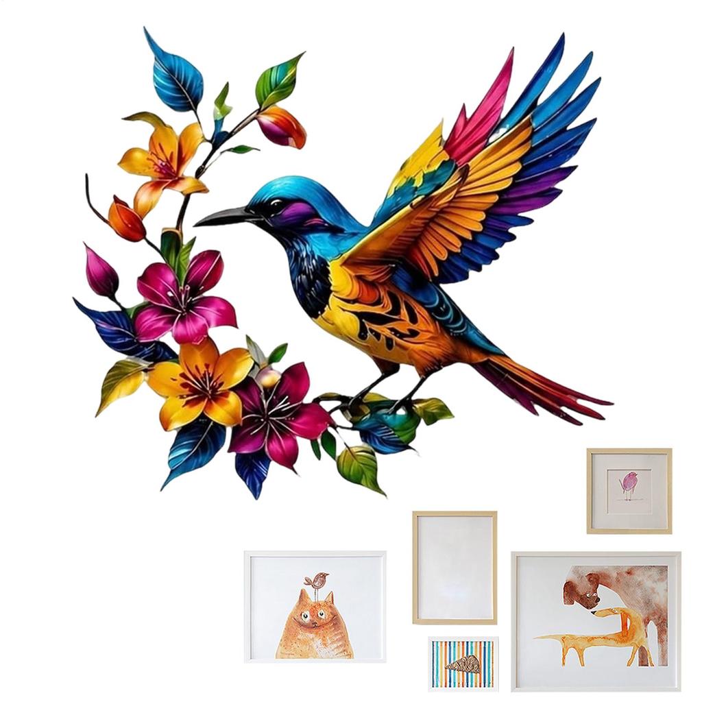2D Flat Hummingbird Blooming Metal Wall Decoration Colorful Hummingbird Flower Background Ornament Bird Floral Wall Art Decor