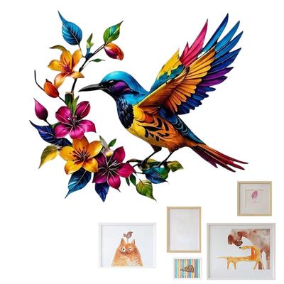 2D Flat Hummingbird Blooming Metal Wall Decoration Colorful Hummingbird Flower Background Ornament Bird Floral Wall Art Decor