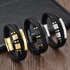 Stainless Steel Leather Wrap Bracelet Men Custom Engravable Geometric Design Adjustable Size Fashion Accessory