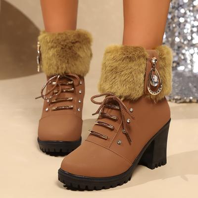 Mode AJGS Winterstiefel mit hohen Absätzen für Damen, mit gekreuzten Riemen, kurze Stiefel, bequeme, wasserdichte Stiefel, warme Damenschuhe in Übergröße