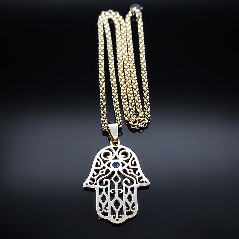 Vintage Arabic Hamsa Hand Pendant Necklace Stainless Steel Chain Hand of Fatima Choker Amulet Necklaces Islam Woman Jewelry Gift