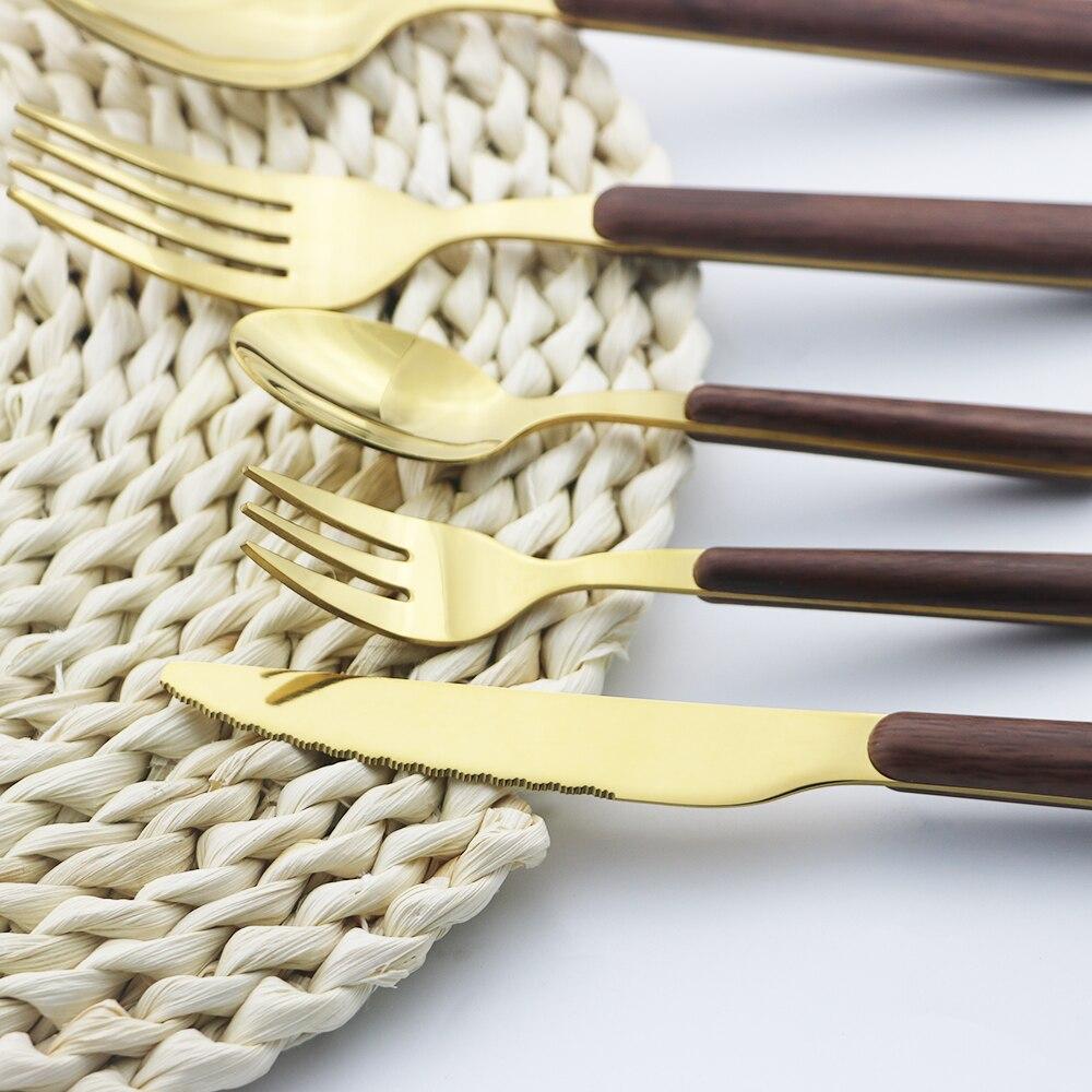 4Pcs Faux wooden effect handle Dinnerware Set Stainless Steel Cutlery Set Tableware Dinner Knife Fork Teaspoons Flatware