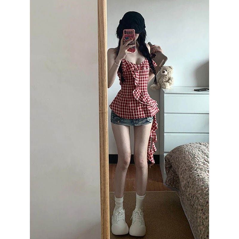 French Spice Girl Red Plaid Suspender Small Vest Women's Summer Lotus Leaf Irregular Seaside Vacation Top Outside