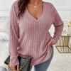Höst och vinter Damblus Enfärgad Plus Size Damtröjor V-ringad Långärmad Pit-stripe Milled Lös