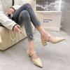 Pointed Head Bag Head Medium Heel Thick Heel Cool Slippers Half Drag Sandals Women's Summer 20 New Cloth Outer Wear