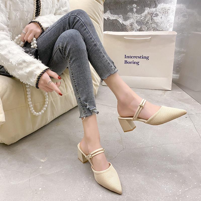 Pointed head bag head medium heel thick heel cool slippers half drag sandals women's summer 20 new cloth outer wear