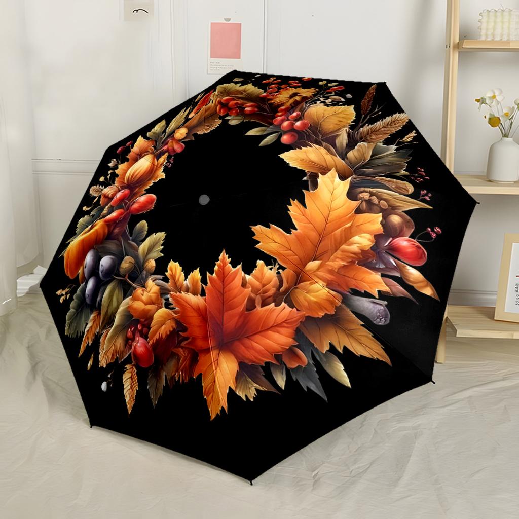 Red Rose Wreath Design Compact Travel Automatic Umbrella Folding Umbrella with 8 Ribs Lightweight All-Season Use Elegant Women's Umbrella
