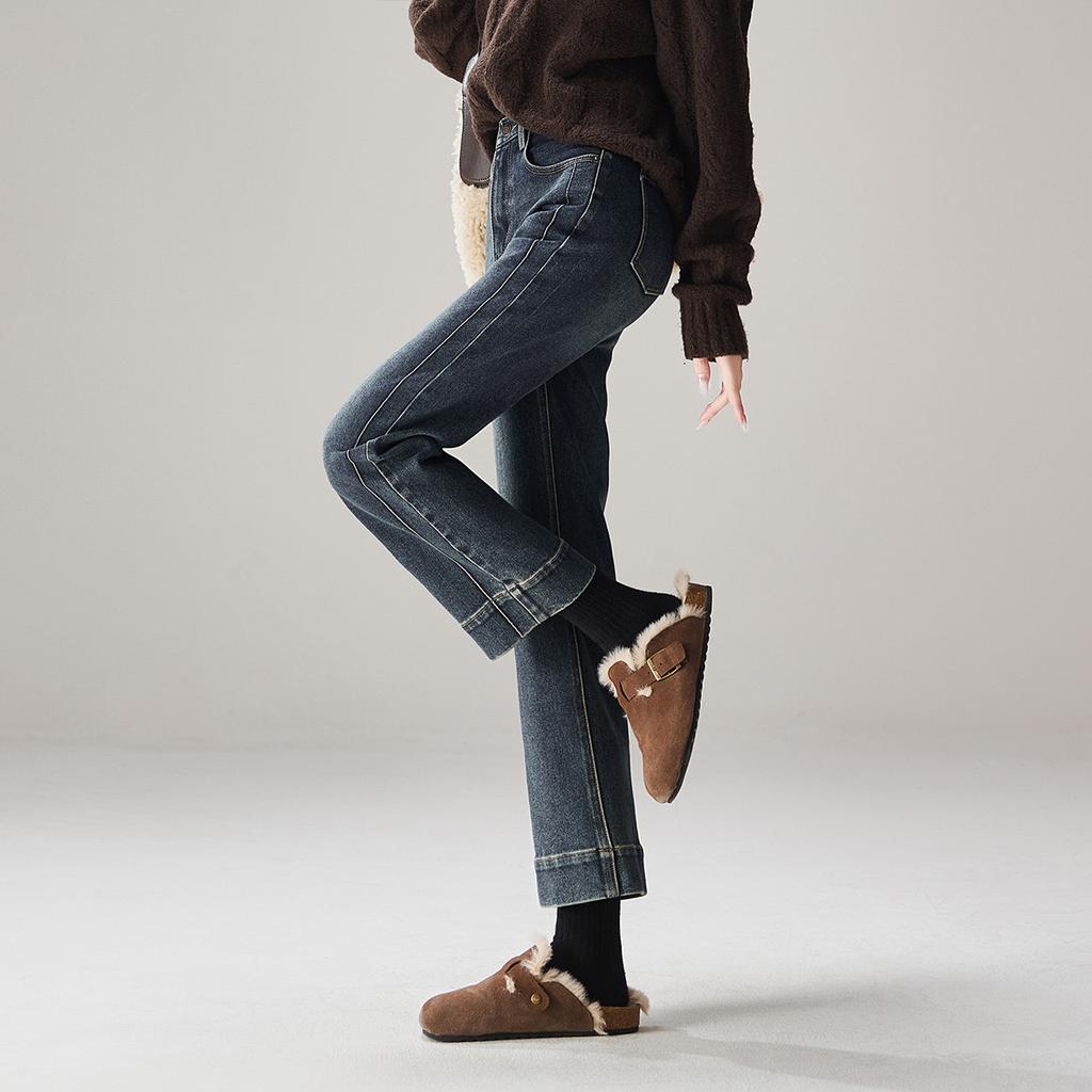 Woolen thickened high waisted jeans for women in winter 2025, fashionable and versatile, slimming straight leg pants