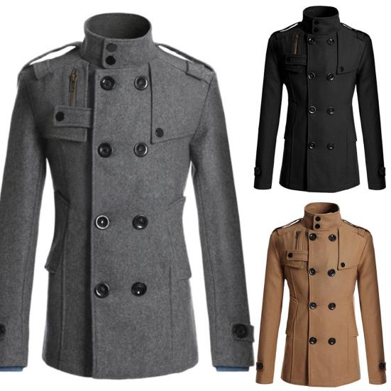 Men Long Sleeve Lapel Collar Double-breasted Pockets Woolen Slim Trench Coat