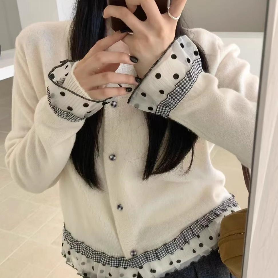 Korean Style Sweet Autumn/Winter 2025 Lace Polka Dot Knit Cardigan Women