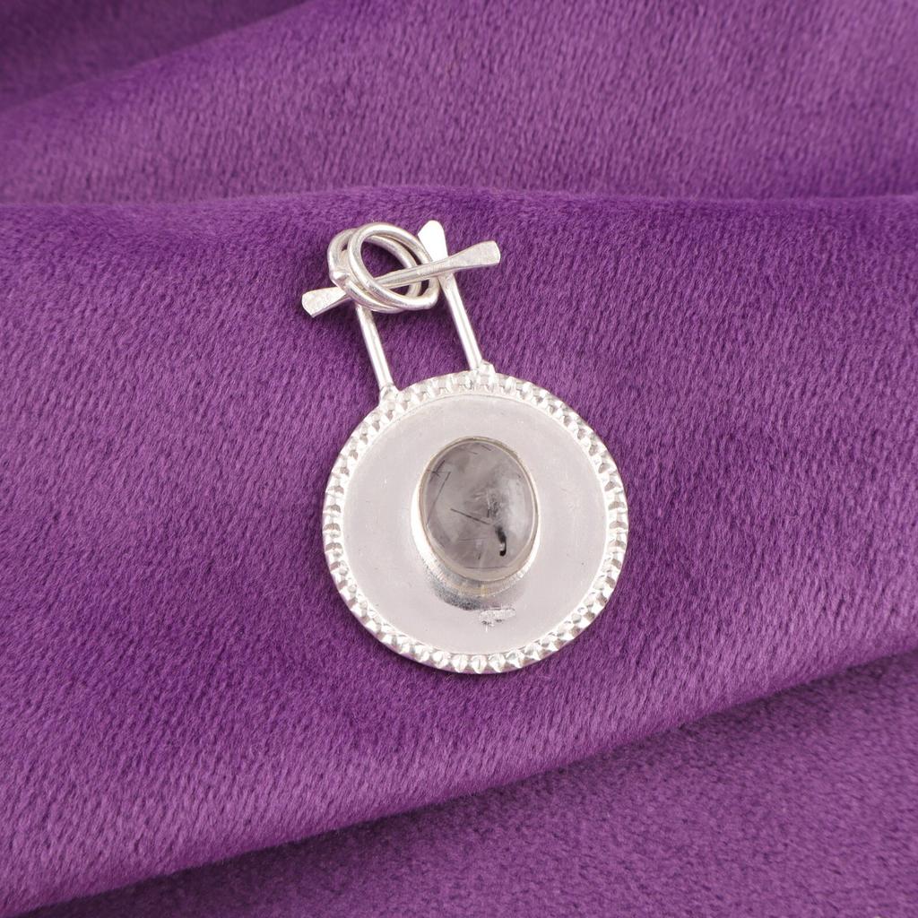 Oval Natural Black Rutile Sisters Day Birthday Gift Pendant 925 Sterling Silver PP-57-33