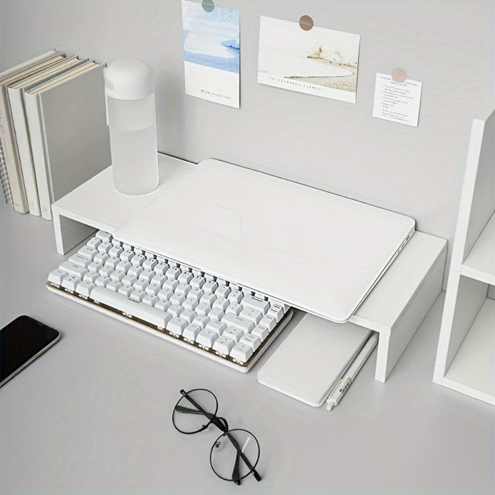 Modern White Matte Wooden Laptop Stand - Elegant Desk Organizer with Multi-Layer Storage Rack for Office & Dorm Room Efficiency