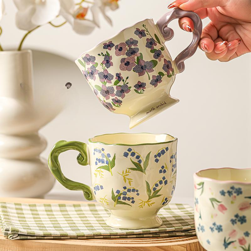 High looking Flowery and High Footed Ceramic Cup for Household Drinking Cup Pastoral Retro Couple Water Cup Office Coffee Cup