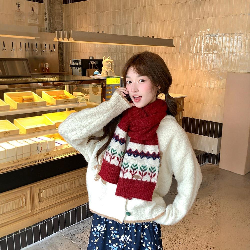 Fair Island Christmas Red Knitted Wool Scarf Women's Winter New Thickened Warm Shawl Scarf
