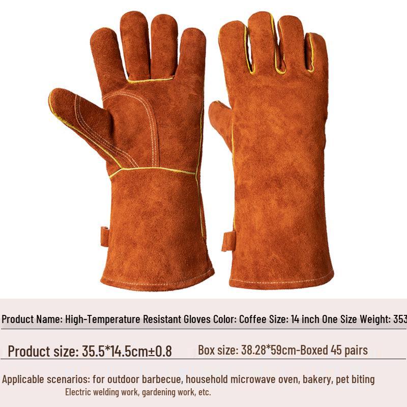 Cowhide Heat-Resistant Oven Gloves, Outdoor BBQ & Picnic, Oil-Proof & Anti-Scald