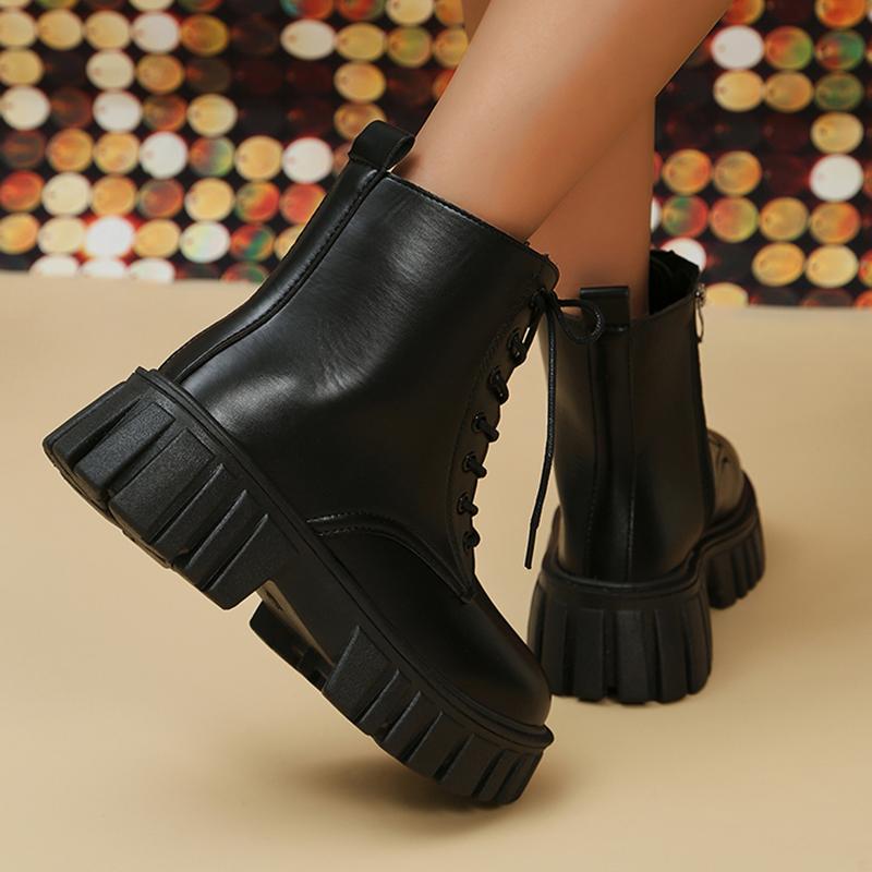 Lucyever Chunky Platform Women's Ankle Boots 2024 Pu Leather Thick Sole Combat Boots Woman Plus Size Lace Up Short Booties Mujer