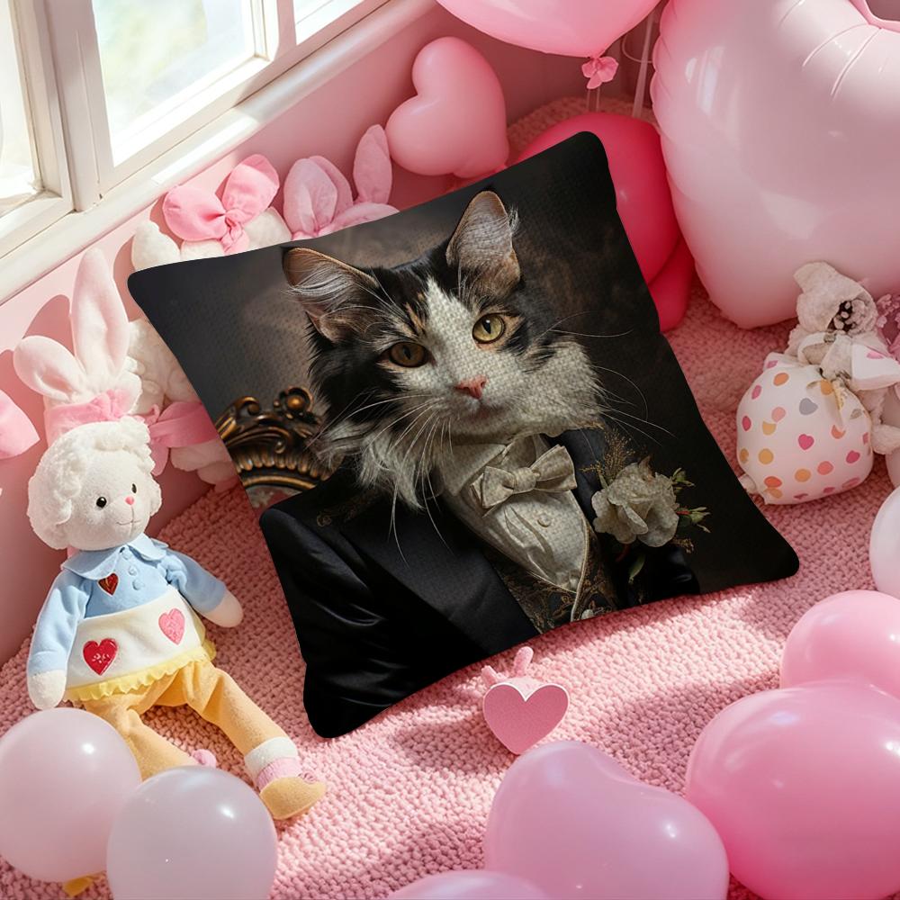 Renaissance Royal Cat Funny Pillow Case Anti-Dustmite Pillowcase Invisible Zipper Silky Short Plush Sofa Cushion Cover