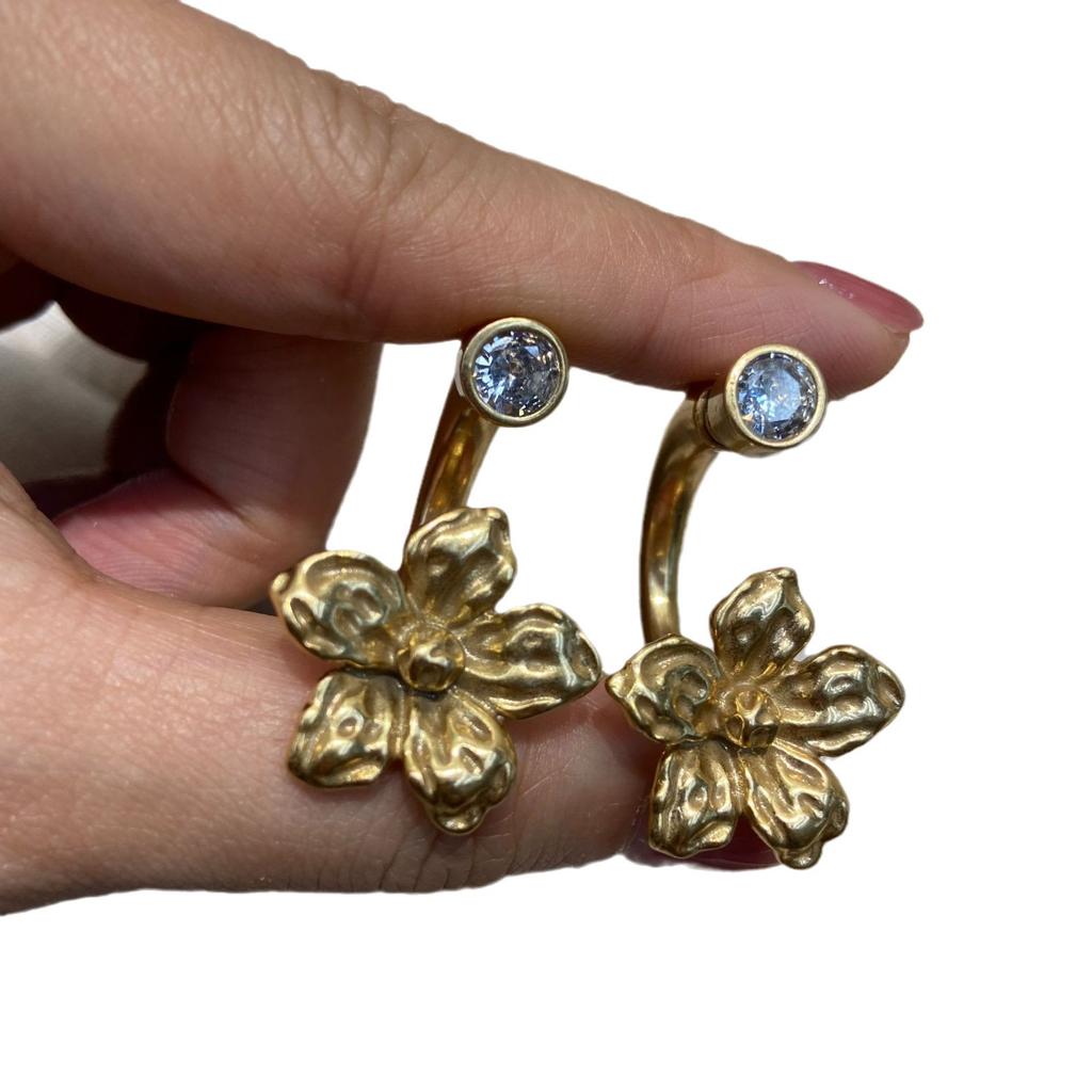 Fashion Niche Retro Earrings Russian Gold Copper Plated 18K Gold Casting Beating Pattern Five-Petal Flower Earrings Women