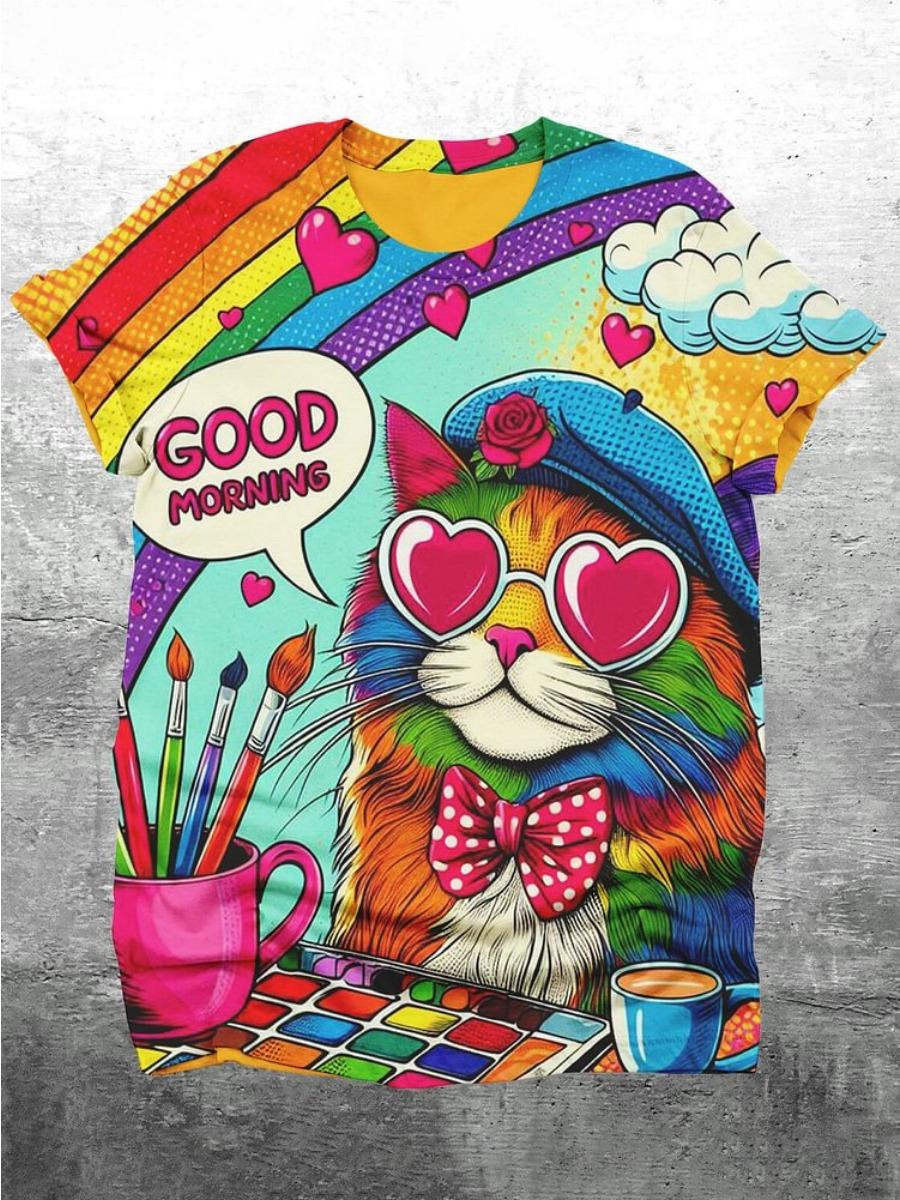 

Чоловічі футболки з 3D-друком і кумедним лазерним котом-динозавром. Чоловічі жіночі футболки з короткими рукавами та круглим вирізом. Великі вільні повсякденні топи з мультфільмами S