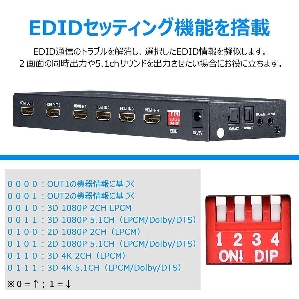 ELEVIEW HDMI Matrix 4 Audio Separation Downscaling 2 Manual Remote Selector, Inputs/2 Outputs, (Optical Digital/3.5mm), 4K60Hz/1080p120Hz, Function,