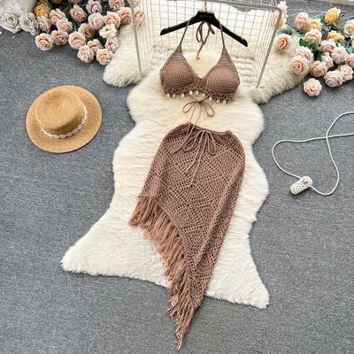 Letní dovolená Sexy obleky Bez ramínek S halterem Bez zad Bikini Set Stahovací třásňová sukně Dámské Plážové Pletené Módní Dvou dílné obleky