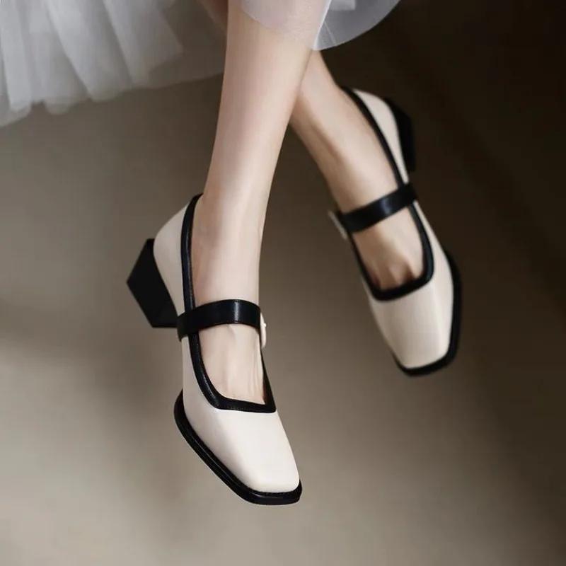 Women's Low Heel Shoes Square Heel Shallow Mouth One-line Buckle Shoes Daily Commute Versatile New Spring Zapatillas De Mujer