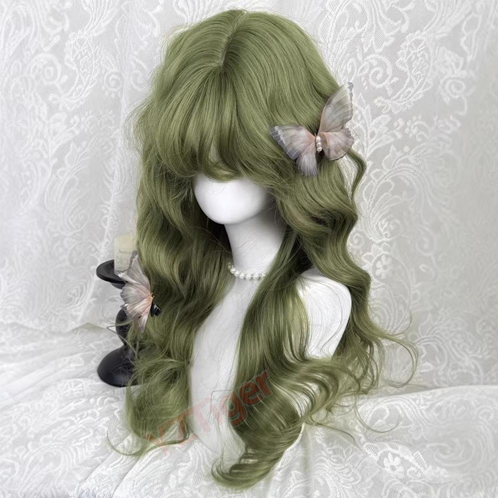 Long Wavy Cosplay Green Wig for Women Heat Resistant Ponytail Lolita Synthetic Halloween Anime Wigs Natural Hair Party