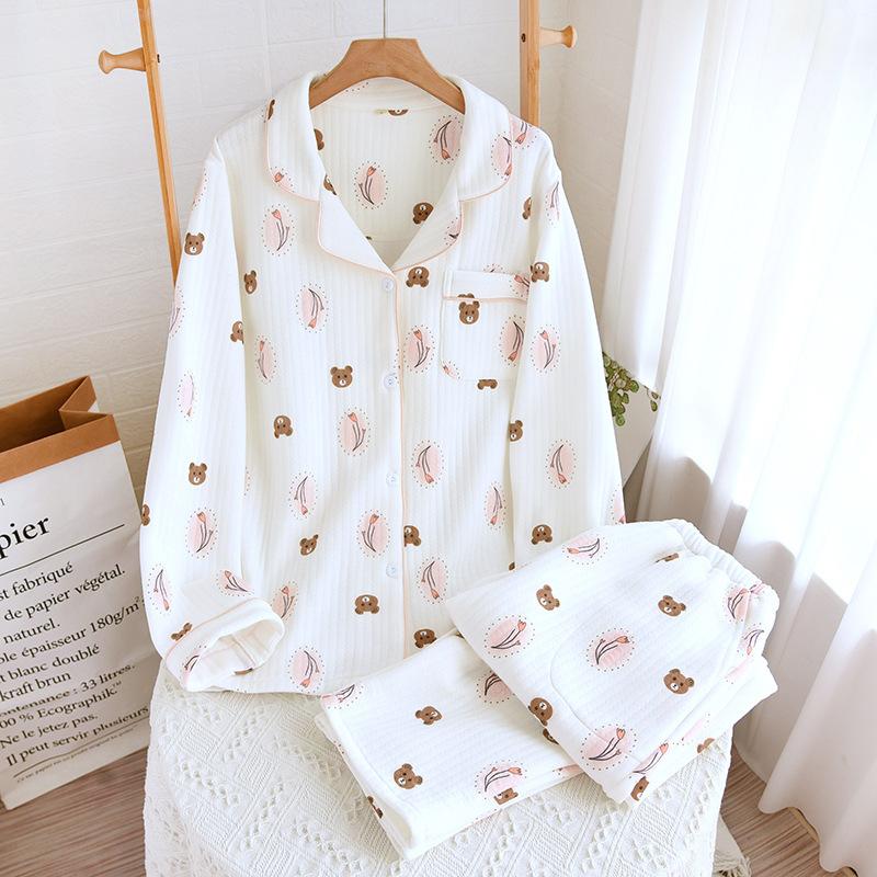 

Пижама из хлопка с принтом медведя, теплая домашняя одежда на осень и зиму, пижама с отворотами, утолщенная свободная повседневная пижама-кардиган XL белый