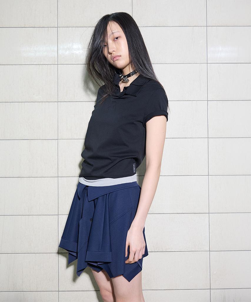 Yusentig Double Collar Slim Asymmetrical Collar T-Shirt Black Aw5Me43310