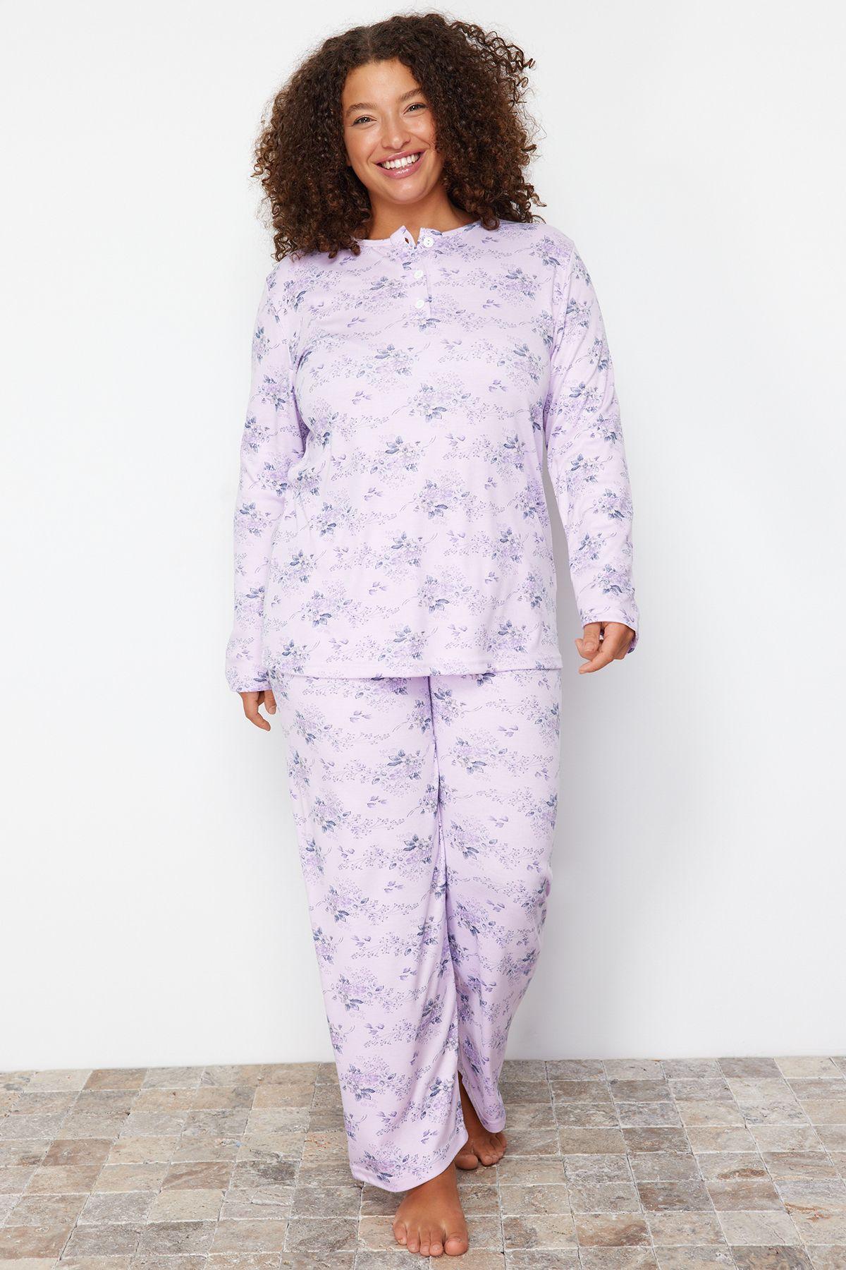 

Women s Style Plus Size Lilac Flower Patterned Knitted Pajama Set