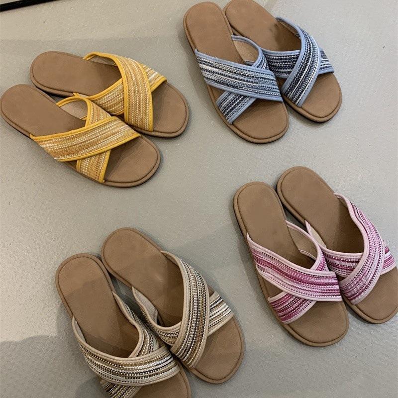 Modische Sandalen Damen 2025 Neu Sommer Vintage Gewebte Römersandalen mit gekreuzten Zehen