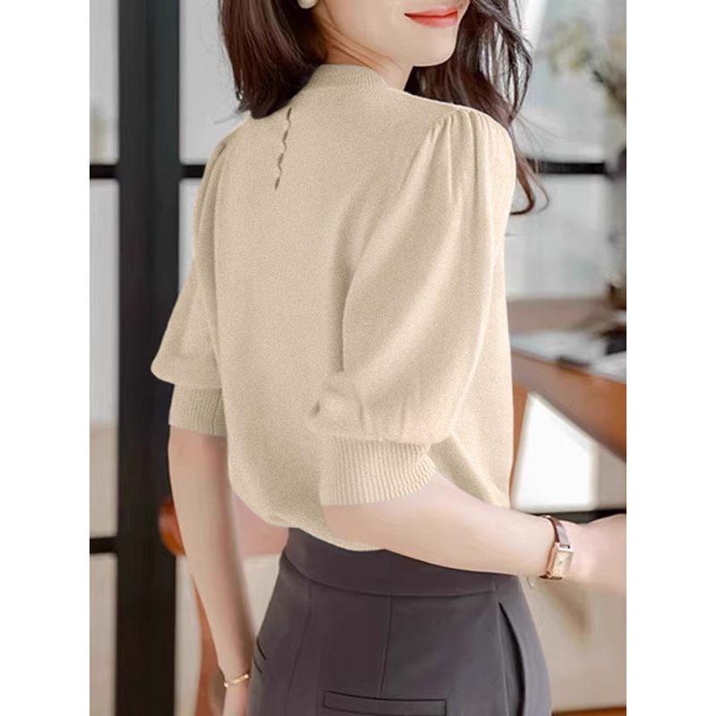 

Half Sleeves Loose Korean Style Wear Knitting Bottoming Shirt Women s Summer 2025 New Arrival French round Neck Classy Blue Tops Zhi Beige M([Recommended 50.00 kg-55.00 kg]])