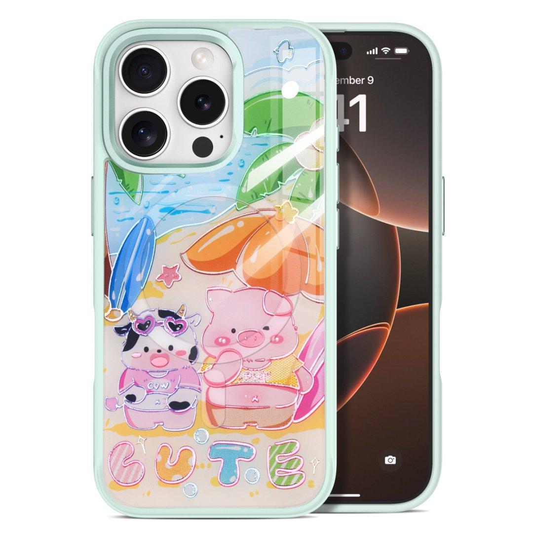 

For iPhone 16 Pro Max Magnetic Case TPU PC Phone Cover with Detachable Cute Piggy Backplate Green