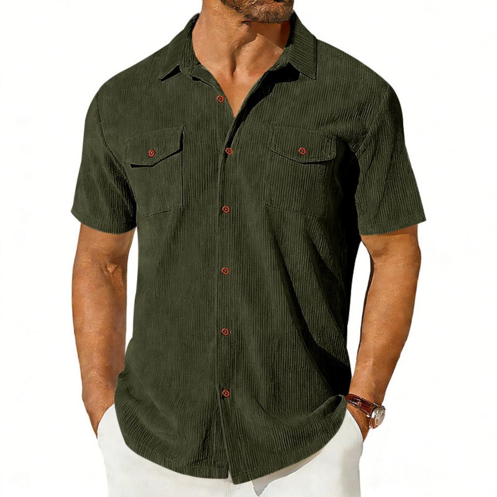 Camisa de pana americana pesada para hombre, de manga corta, holgada, para exteriores, con solapa y bolsillos de carga