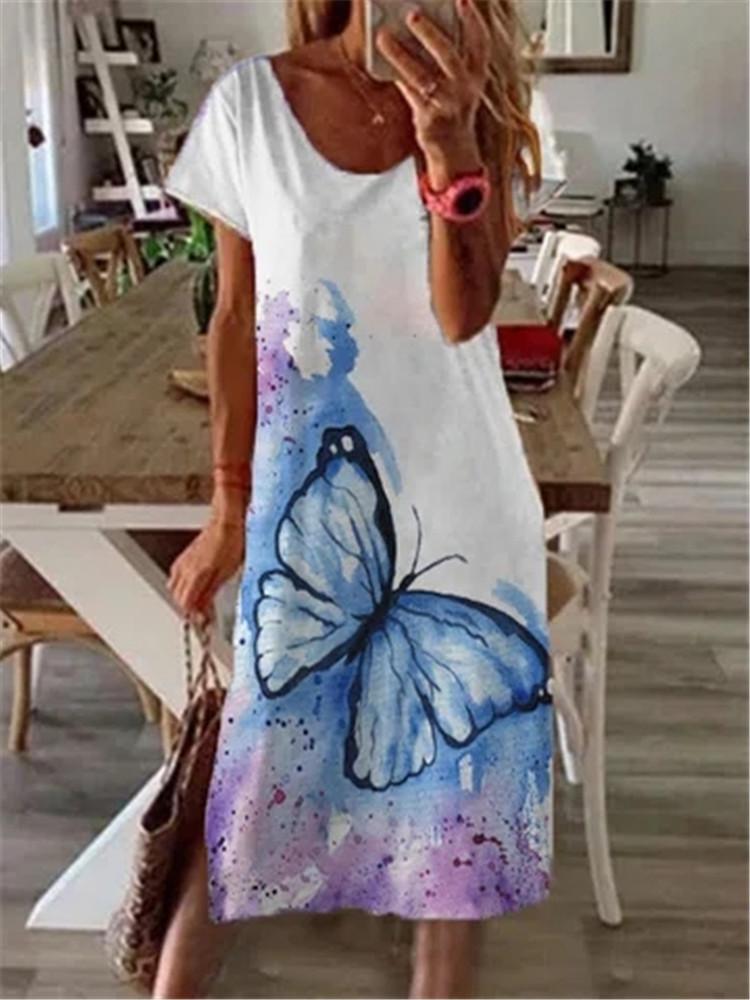 Cross-border new casual positioning print butterfly flower split neck dress women S белый
