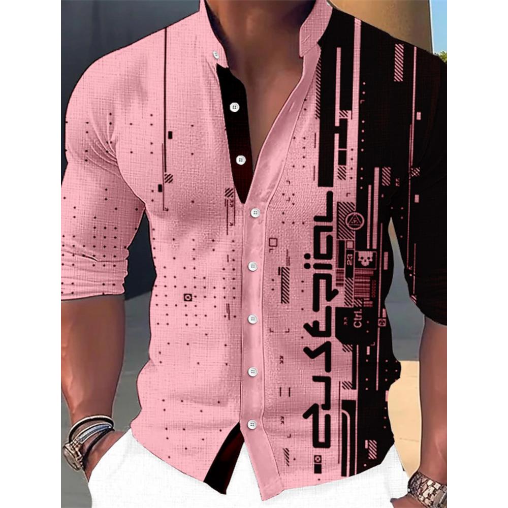 Men s Fashion Geometric Print Stand Collar Shirt, Casual Long Sleeve Outdoor Street Top S