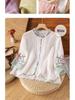 Women's Chinese Floral Embroidered Blouse: Loose Fit, Three-Quarter Sleeve, Contrast Color, Lapel-Style Tea Dress