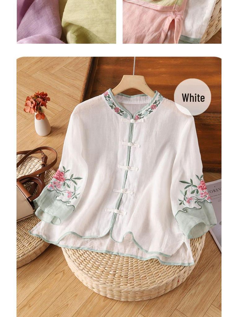 Women's Chinese Floral Embroidered Blouse: Loose Fit, Three-Quarter Sleeve, Contrast Color, Lapel-Style Tea Dress
