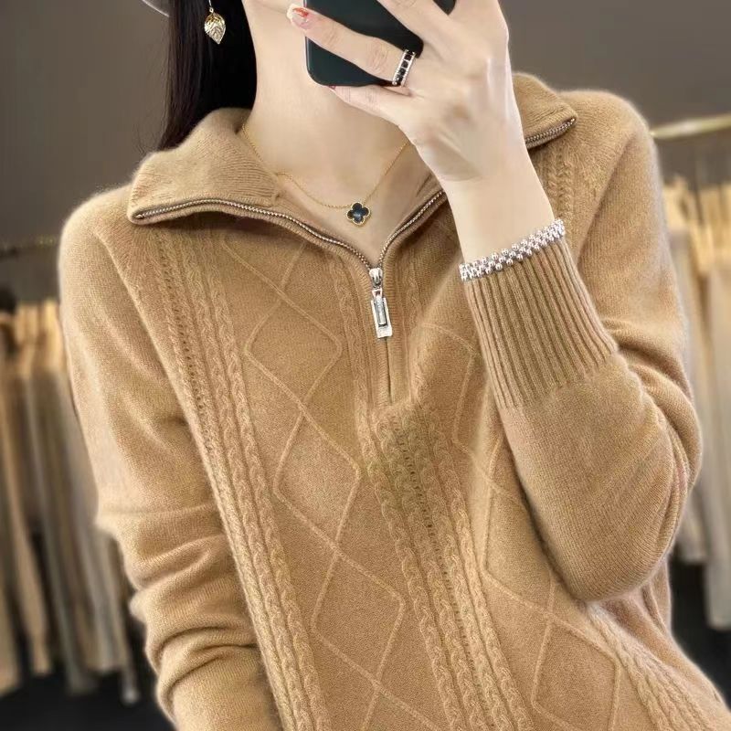 Autumn Winter Women's Stand Collar Sweater Solid Color Pullover Sweater Knit Top